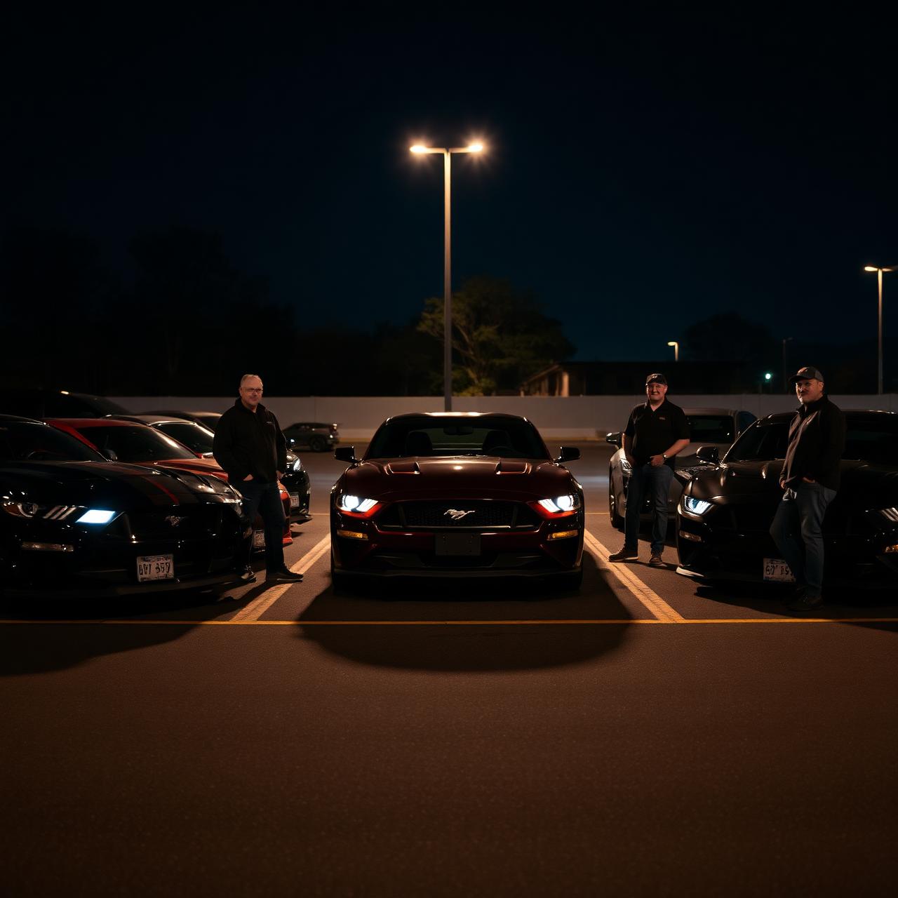 Mustang owners gathered at a night meet